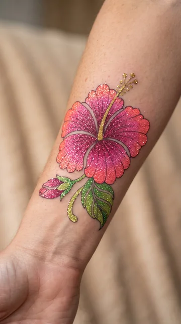 Tatuaje de hibisco rosa con glitter en el antebrazo