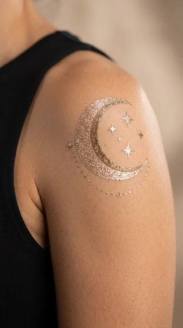 Luna y estrellas doradas con glitter en el hombro