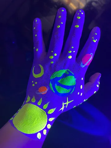 Mano con planetas y detalles fluorescentes bajo luz ultravioleta