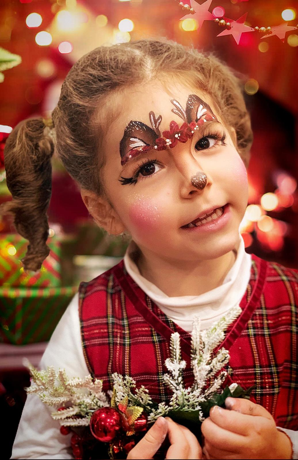 Pintacaras navideño de reno con detalles rojos y glitter